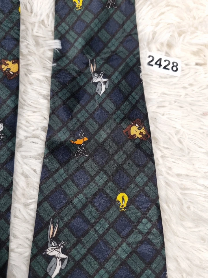 Vintage Looney Tunes Mania Tie Mens Bugs Bunny Tweety Daffy Plaid Fun 1994 90s - Image 3 of 4