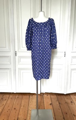 Yves Saint Laurent Rive Gauche 1980s Navy Polka Dot Cotton Dress Size FR 38 / M