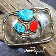 Vintage Southwestern Crafted Nickel Silver Turquoise Belt Buckle 83.7g  Estate