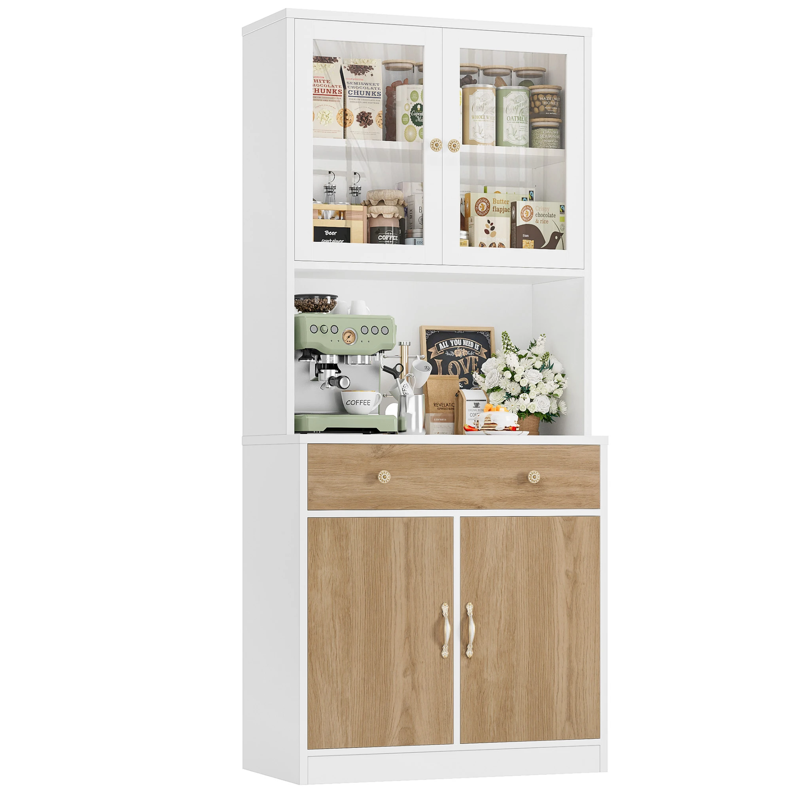 Kitchen Pantry Cabinet Tall Buffet Storage Cupboard Glass Doors 4 Door 1 Drawer