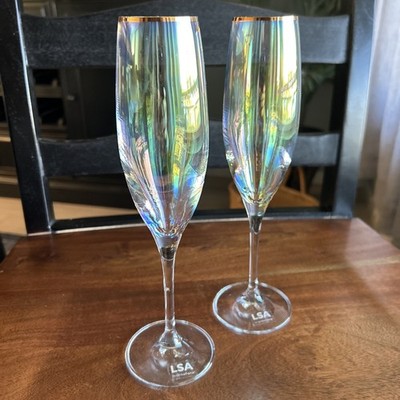 2-LSA INTERNATIONAL Pearl Iridescent Champagne Flutes w/Gold Rims 9.5  Tall