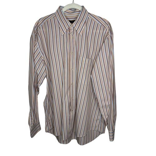 Corneliani, Corneliani Dress Shirt Men L 42 Blue Tan Stripe Cotton Made in Italy Long Sleeve