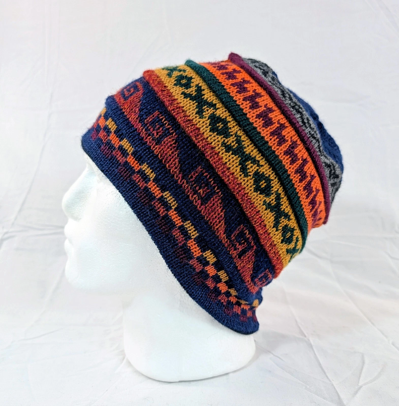 Soft Baby Alpaca Reversible Blue Black Beanie Unisex Colorful Boho Llama Peru