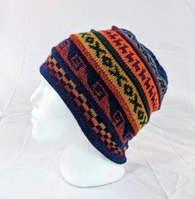 Soft Baby Alpaca Reversible Blue Black Beanie Unisex Colorful Boho Llama Peru