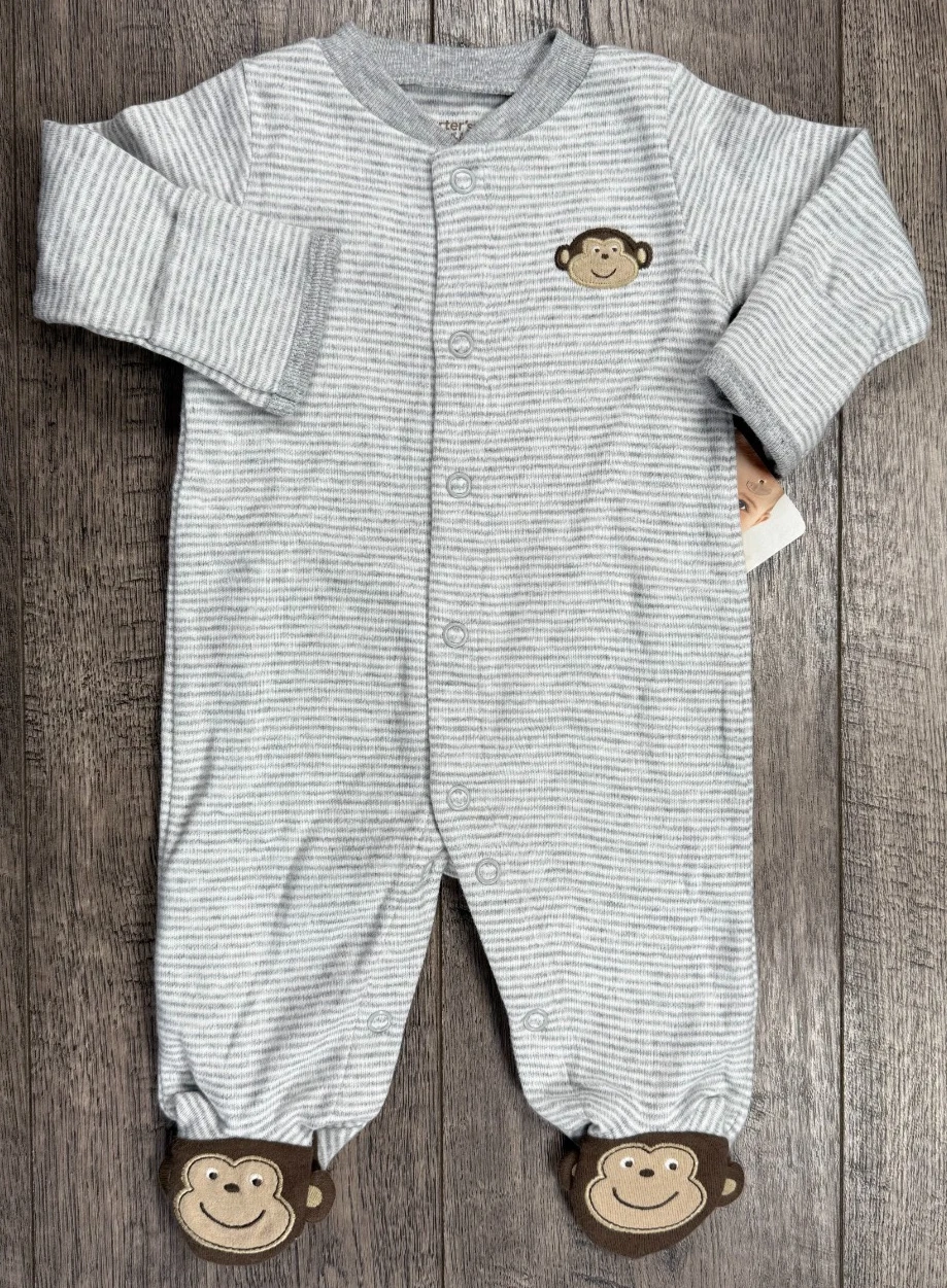 Baby Boy Clothes New Vintage Carter's Newborn Gray Monkey Footed Outfit