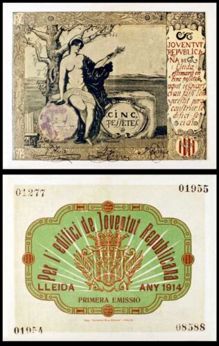 1914 NE 5 Pesetas Facsimile Ticket - Reproduction - Picture 1 of 1