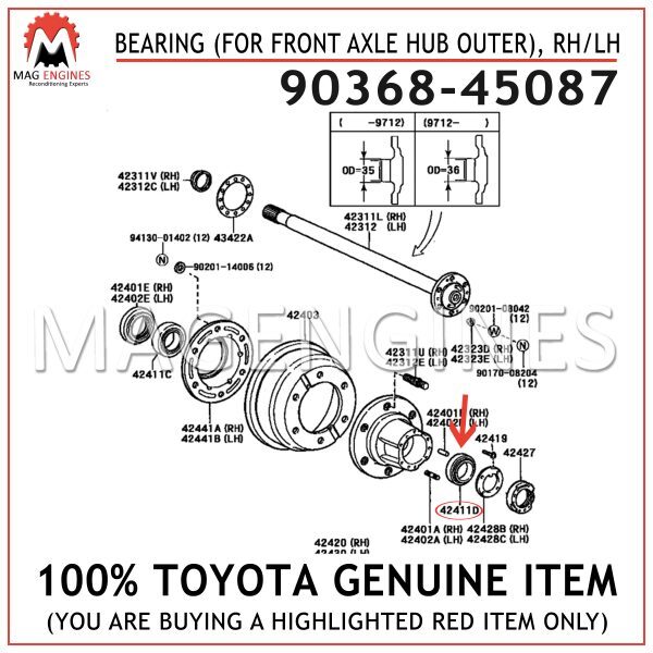 90368-45087 GENUINE OEM BEARING (FOR FRONT AXLE HUB OUTER), RH/LH 