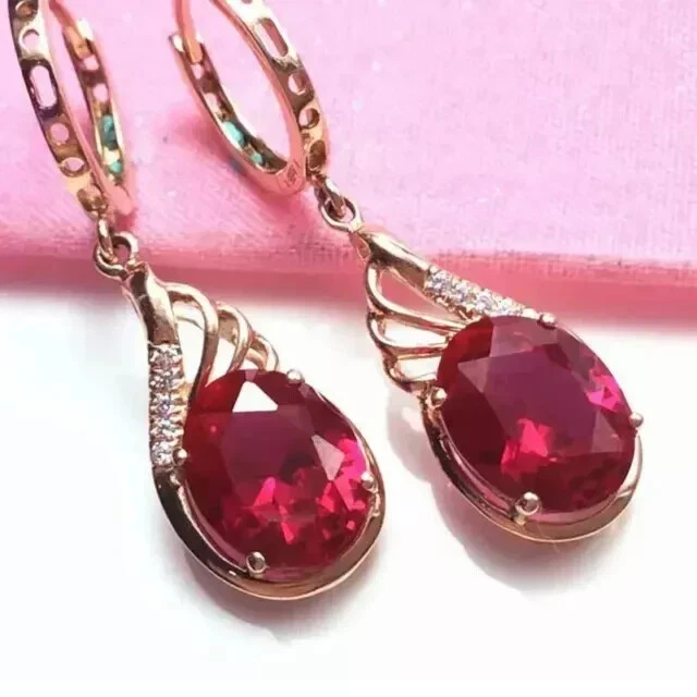 3.20Ct Oval Cut Lab-Created Pink Ruby Drop/Dangle Earrings 14K Rose Gold Plated - Image 3 of 4