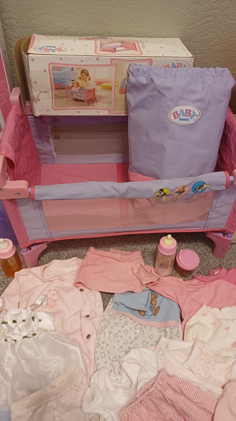 zapf creation baby born doll, bath, high chair & cot & clothes bundle