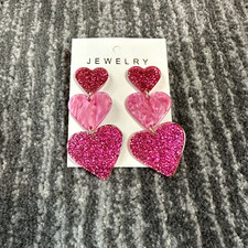Heart Dangle Earrings Three Tier Hot Pink Glitter Valentine's Shiny Sparkle Cute