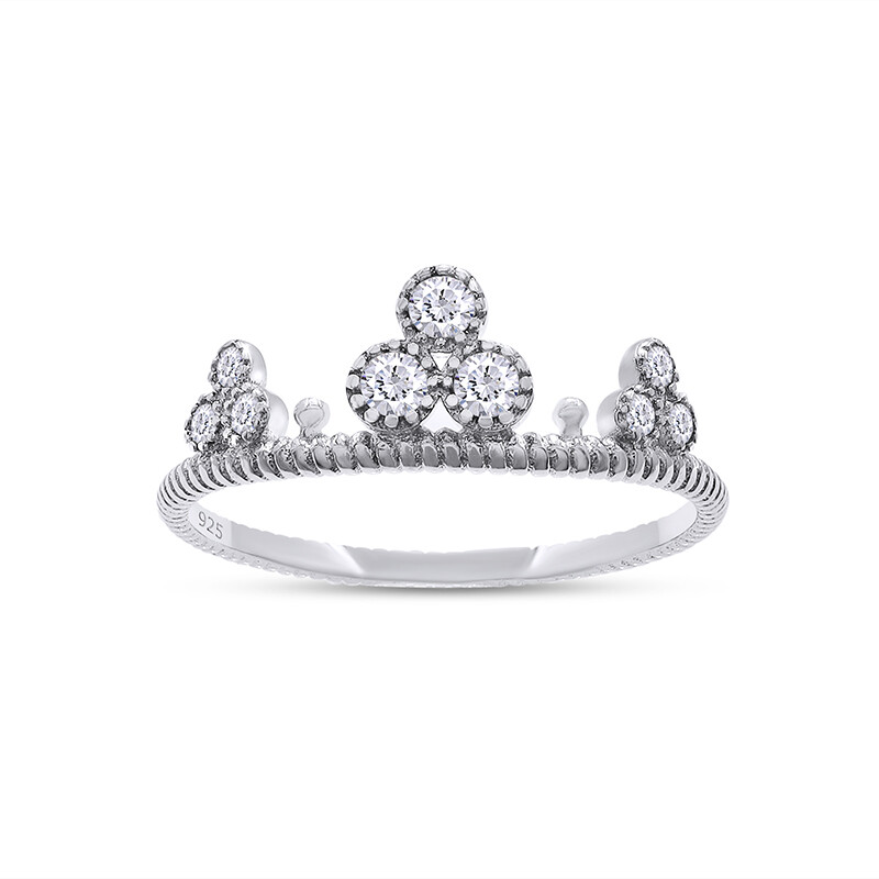 Princess Crown Tiara Beaded Wedding Ring with CZ Stones in 14K White Gold Plated Silver-image
