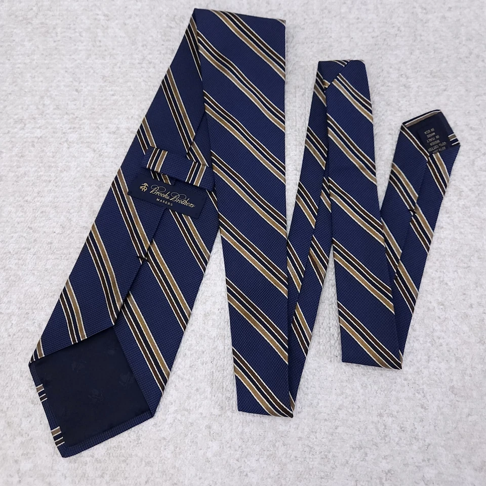 Brooks Brothers Makers Tie Silk Cotton Blend Blue Brown Diagonal Stripes 4" Wide - Image 2 of 4