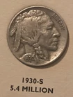 1930-S Buffalo Nickel EF+ Full Horn"