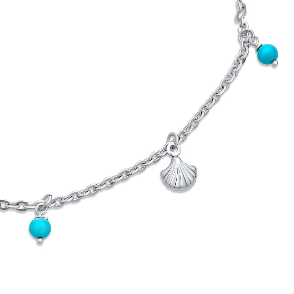 Nautical Charm Anklet Ankle Bracelet Turquoise Clam Seashell Sterling Silver - Image 2 of 4