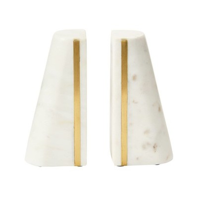 Geometric Marble Bookends with Brass Inlay, White