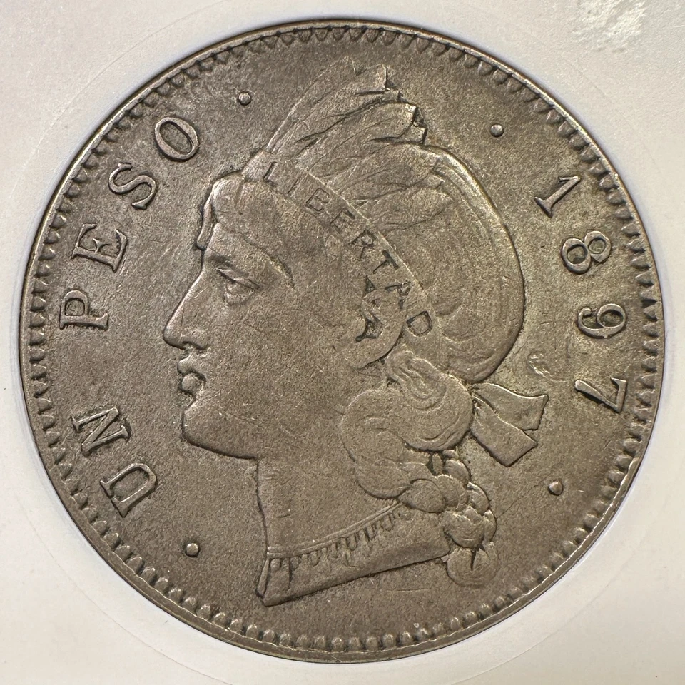 1897 Dominican Republic Peso Silver ANACS Soapbox XF-45 Tough Grade and Holder - Image 2 of 3
