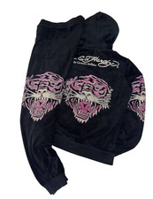 RARE Vintage Ed Hardy Velour Tracksuit Women Black Size M Y2K Streetstyle