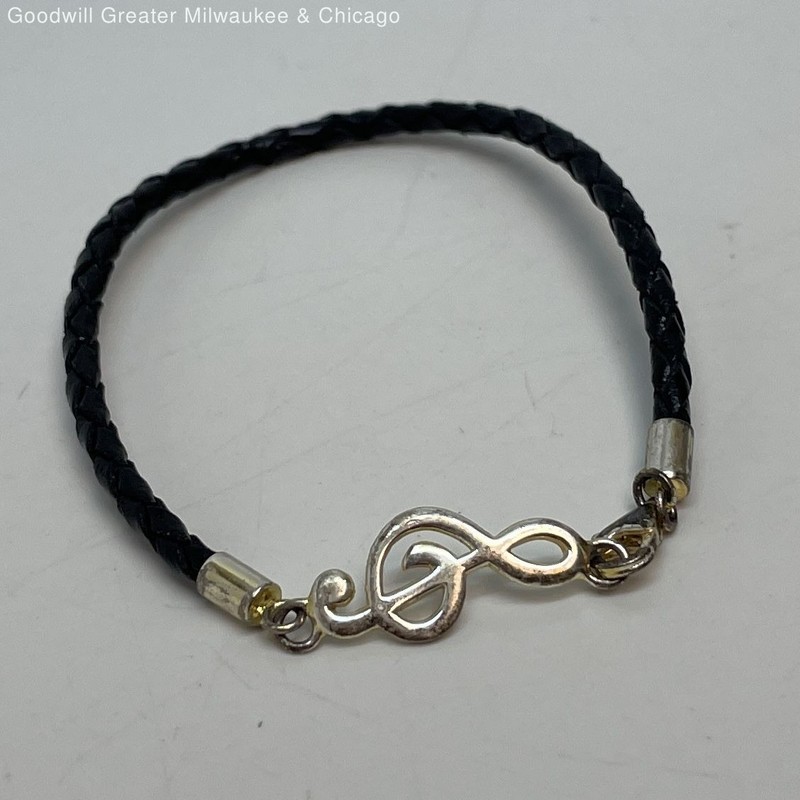 925 Sterling Silver Music Note Charm Black Cord Bracelet 2.5g
