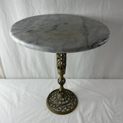 Antique Brass Base And Marble Top Pedestal Table Side End Vintage *look*