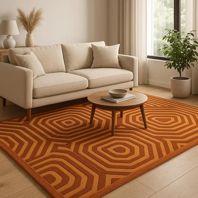 Geometric Hand Tufted Wool Rug Bold Orange & Terracotta Carpet Modern Hexagon