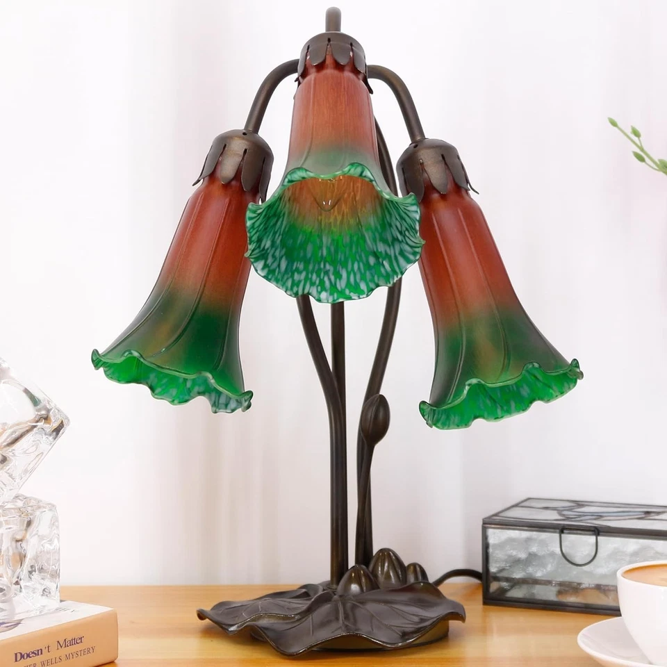 Lámpara Lámpara de mesa estilo Tiffany de 16 pulgadas de alto con acento de flores de tulipán lámpara de escritorio con Lo Foto 3 de 4