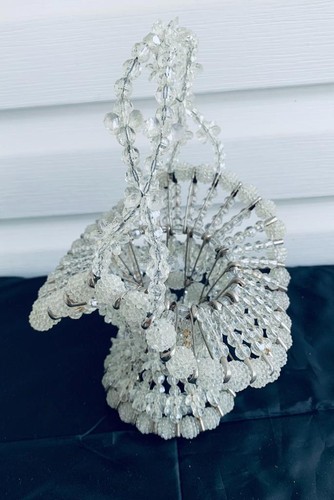 Vintage Safety Pin and Bead Basket Hand Made Craft Art Clear and White 11"