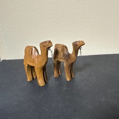 Lot of 2 Vintage Wooden Hand Carved Camel Figurines broken chains