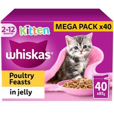 40 x 85g Whiskas Kitten Poultry Feasts Mixed Wet Cat Food Pouches in Jelly 5.54 per kilo