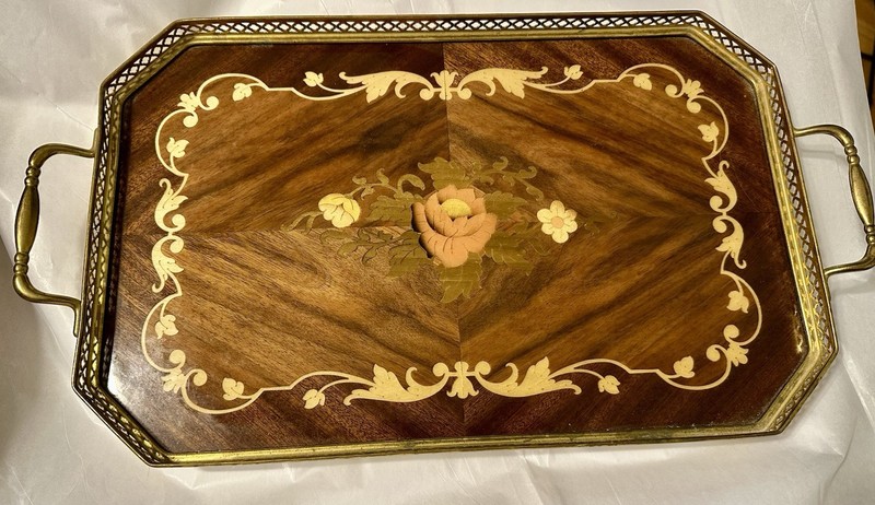 Vintage Marquetry Inlaid Wooden Round Serving Tray Antonio Salzano Flowers Roses