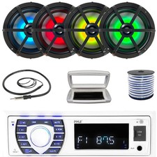 Pyle 1-DIN Bluetooth Marine MP3 Radio W/Cover, 4x 6.5" 120W Max RGB LED Speakers