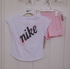 NWT 2pc Nike White Pink Top Sparkling Logo  Pink Shorts Set sz 6 or 6X