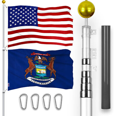 20 Ft Telescoping Flagpole Silver & American and Michigan Flags Emb 300D 3x5Ft