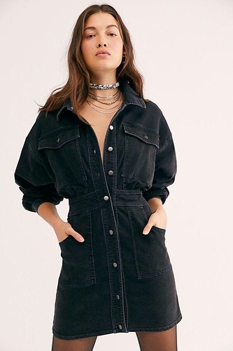 Free People Mia Denim Mini Dress Black 