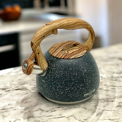 Poliviar Tea Kettle 2.7 Quart Natural Stone Finish With Wood Pattern Handle