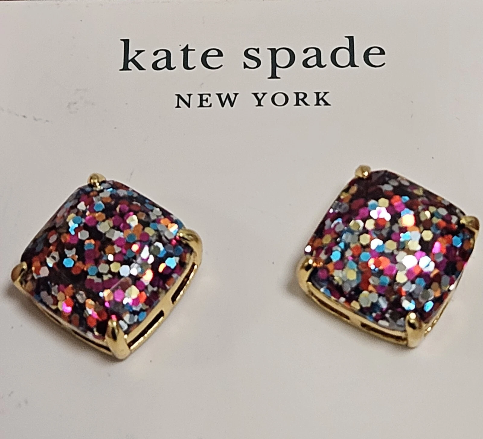 Orecchini Kate Spade quadrati glitter borchie tono oro nuovi con etichette