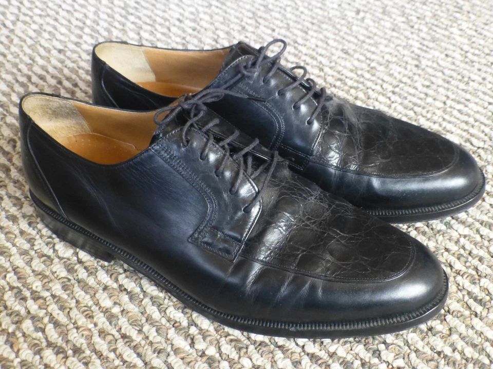 Sapatos sociais Oxford Johnston M de couro preto 11 crocodilo masculino perfeito estado $895 Itália e44