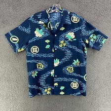 Vintage Malihini Hawaii Blue Floral Wave Pattern Polyester Loop Collar Size XL