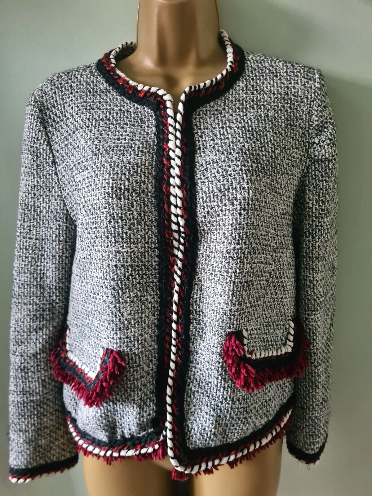 Zara Basic Boucle Lined Jacket Fringed Medium - image 1