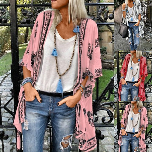 Women's Floral Loose Cardigan Half Sleeve Casual Coat Shirt Jacket Long Tops