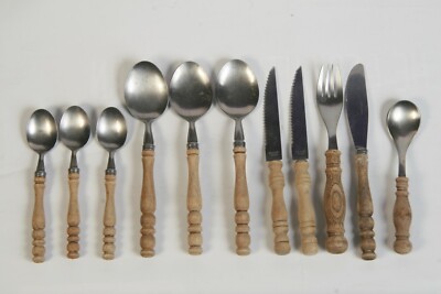 Tafelbesteck Holzgriff 11 Einzelteile Vesper-Frühstücksbesteck Edelstahl 60er