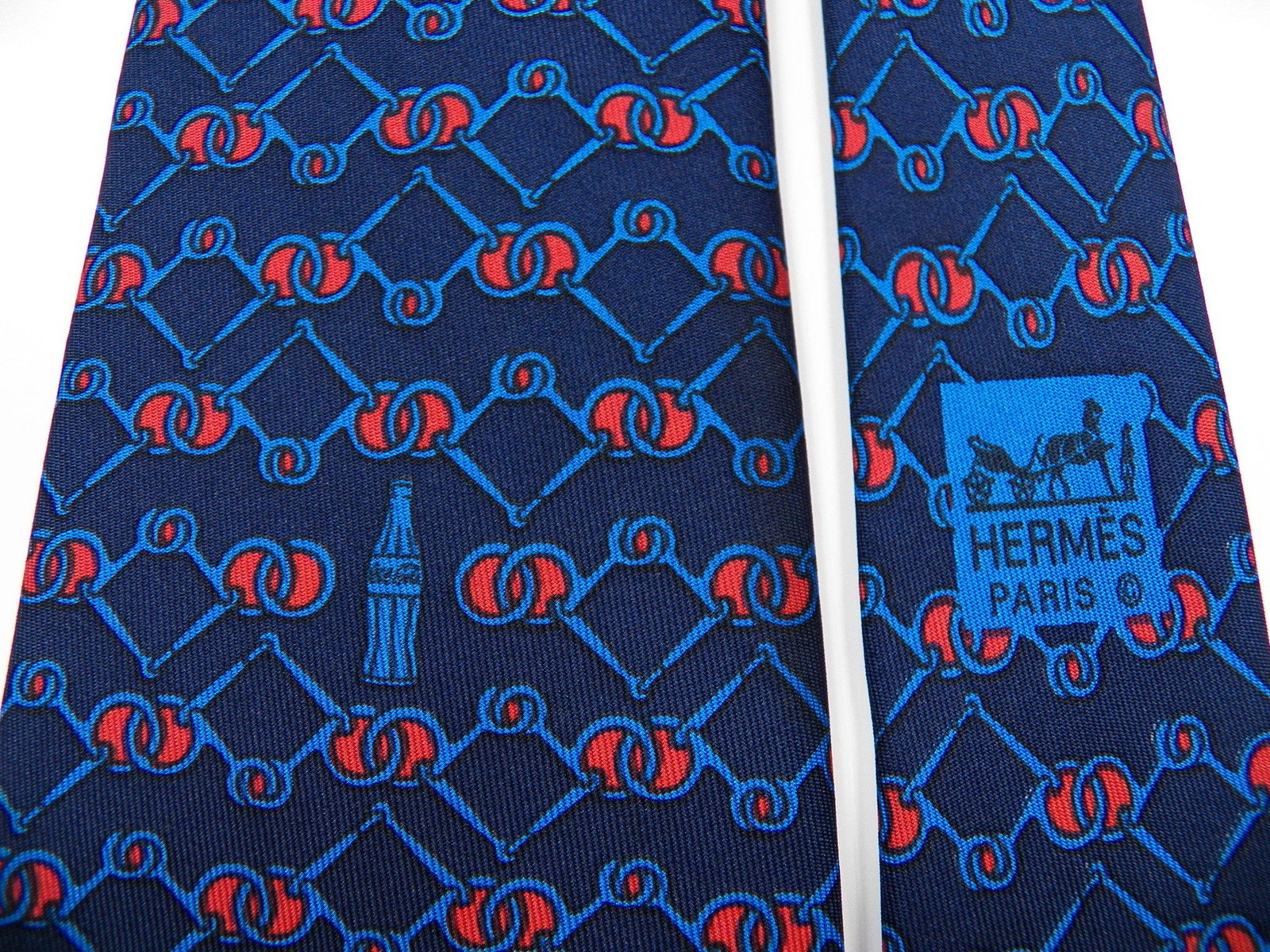 HERMES FRANCE MENS 100percent SILK NECK TIE COLLECTORS RARE COCA COLA BOTTLE COKE BLUE image 5