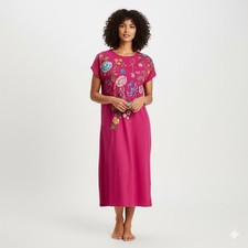 Johnny Was Pink Embroider T-shirt Tee Shirt Dress Sz S Boho Casual Midi