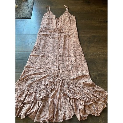 Rails Frida Rose Spotted Maxi Dress Pink Cheetah Print Button Front Ruffle XS