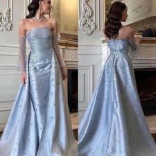 Elegant Blue Evening Dress Sequined Pleat A-line Off-shoulder Long Stain Gowns