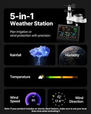 NEW 5-in-1 Wireless Weather Station, 7.5-Inch VA Display, Solar Powered Outdoor