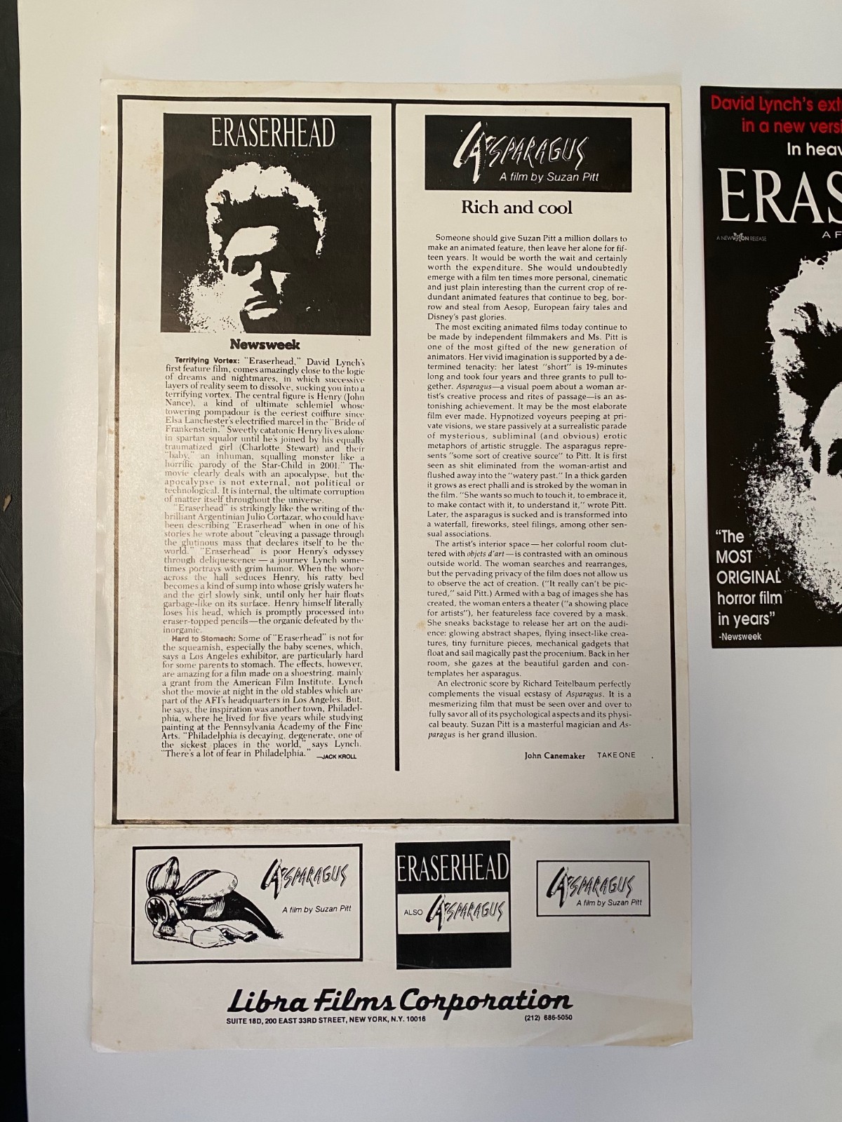 Original 1977 Eraserhead Press Kit & Australian reissue flyer David Lynch movie