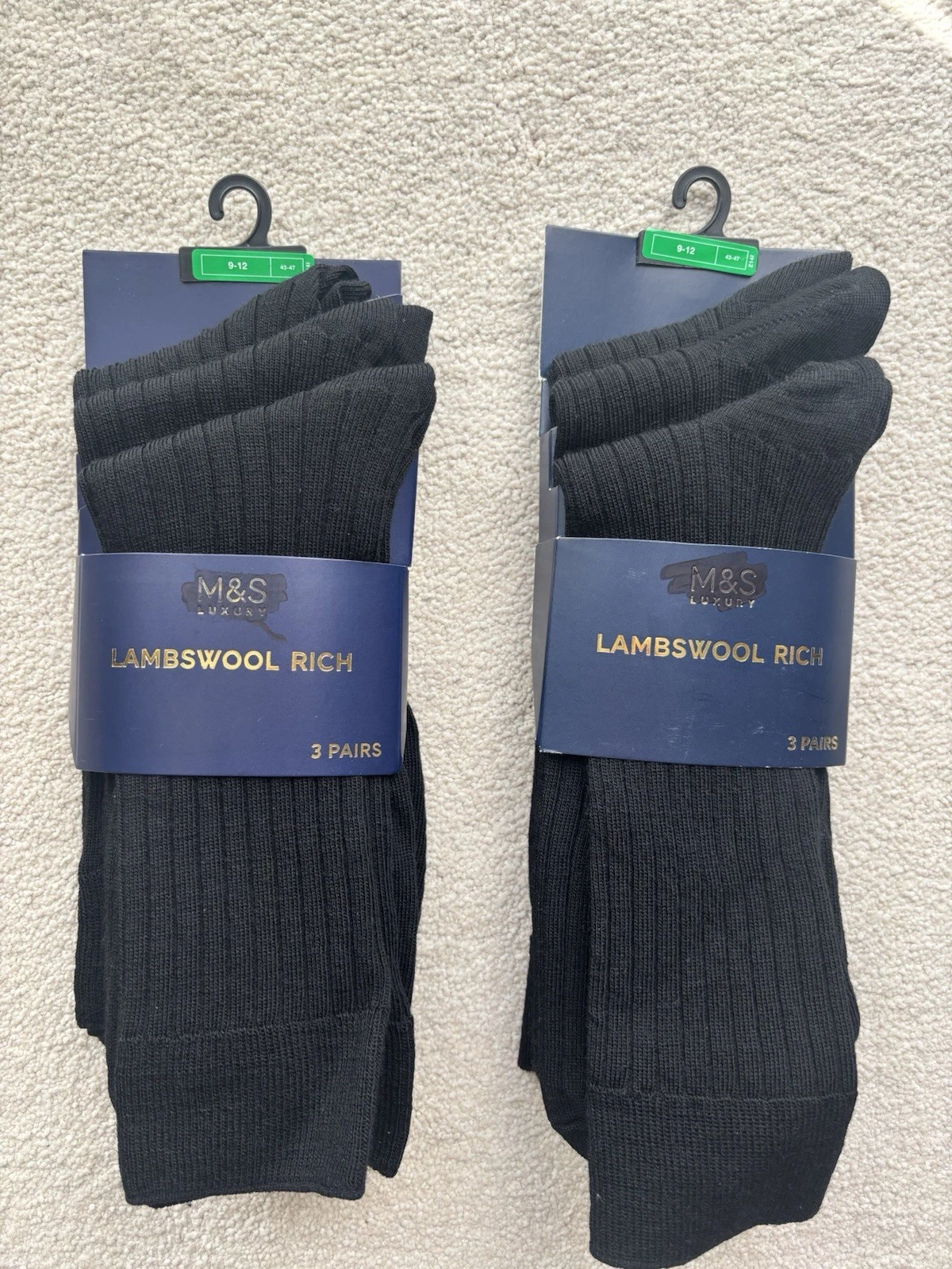 2 x Marks & Spencer Luxury Lambswool 3 Pack Men's Socks, Black, Size 9-12 BNWT