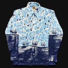 Vintage Disco Shirt Mens Medium 70s Narratifs Dagger Collar Art Blue Clouds