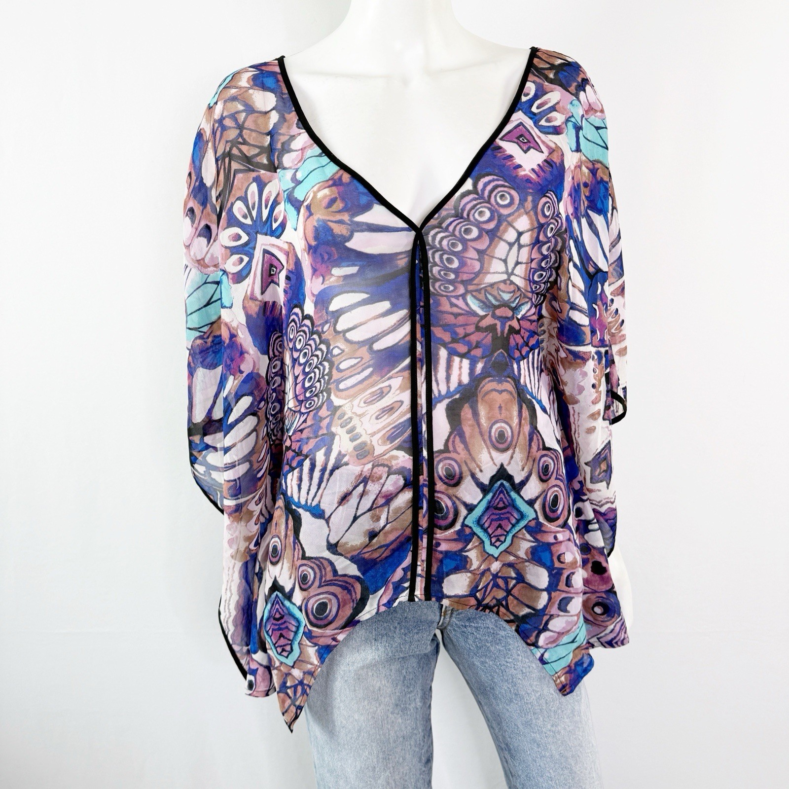 Bebe Butterfly Blouse Top Size XS V-Neck Colorful Fairycore Boho Indie Hippie