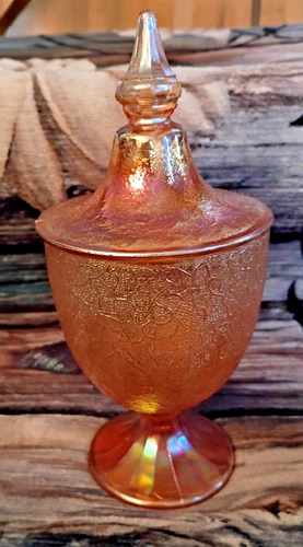 Vintage Marigold Carnival Glass Jeanette Candy Dish With Lid Crackle Pattern